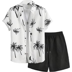 GORGLITTER Men's Patchwork Print Button Front Short Sleeve Collar Shirt and Drawstring Waist Shorts Set with Pocket