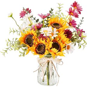 Artificial Faux Flowers in Vase for Home Decor, Silk Daisy Bouquet Fake Flowers with Pot Sunflower Arrangement for Dinning Room Kitchen Coffee Table Spring Decor Centerpiece Table Decorations