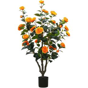 Olrla Artificial Camellia Tree 40'' Faux Floral Plant in pot with Orange Flowers and Green Leaves for Indoor Outdoor Decoration