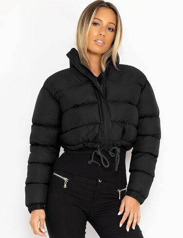 Flygo Women Cropped Puffer Jacket Winter Long Sleeve Quilted Puffy Bubble Padded Short Coats with Drawstring in Kuwait