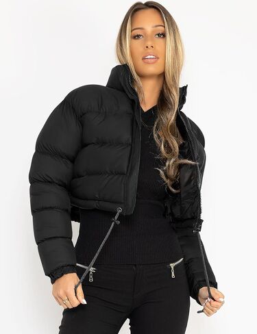 Flygo Women Cropped Puffer Jacket Winter Long Sleeve Quilted Puffy Bubble Padded Short Coats with Drawstring in Kuwait