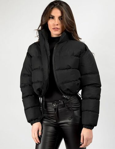Flygo Women Cropped Puffer Jacket Winter Long Sleeve Quilted Puffy Bubble Padded Short Coats with Drawstring in Kuwait