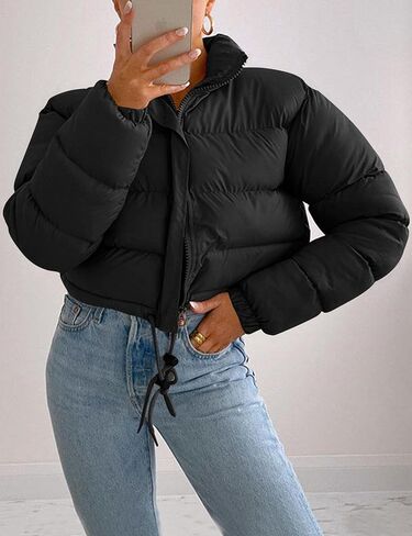Flygo Women Cropped Puffer Jacket Winter Long Sleeve Quilted Puffy Bubble Padded Short Coats with Drawstring in Kuwait