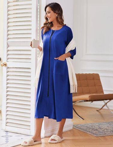 Ekouaer Women's Zipper Robe 3/4 Sleeve Housecoats Full Length House Dress Loungewear Long Nightgown with Pockets in Kuwait