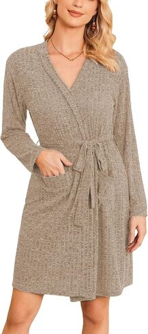 Ekouaer Women Robe Ribbed Knit Soft Bathrobe Knee Length Robes Stretchy Short Sleepwear with Pockets in Saudi Arabia