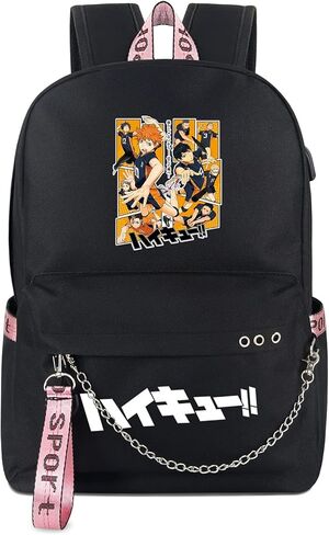 حقيبة ظهر للكمبيوتر المحمول Anime Haikyuu تناسب 15 بوصة حقيبة كتب سوداء مطبوعة حقيبة مدرسية للبنين والبنات حقيبة يومية للسفر مع منفذ شحن USB ومنفذ سماعة الرأس in Kuwait