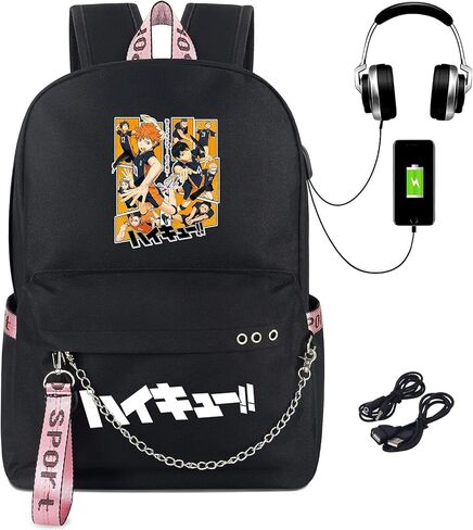 حقيبة ظهر للكمبيوتر المحمول Anime Haikyuu تناسب 15 بوصة حقيبة كتب سوداء مطبوعة حقيبة مدرسية للبنين والبنات حقيبة يومية للسفر مع منفذ شحن USB ومنفذ سماعة الرأس in Kuwait