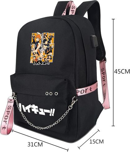 حقيبة ظهر للكمبيوتر المحمول Anime Haikyuu تناسب 15 بوصة حقيبة كتب سوداء مطبوعة حقيبة مدرسية للبنين والبنات حقيبة يومية للسفر مع منفذ شحن USB ومنفذ سماعة الرأس in Kuwait