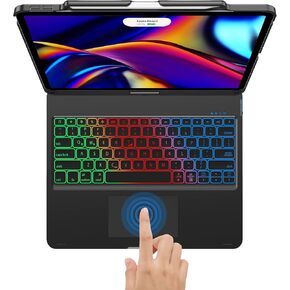 حافظة لوحة مفاتيح لجهاز iPad Air 13 بوصة (M2، 2024) وiPad Pro 12.9 (الجيل السادس/الخامس/الرابع/الثالث)، لوحة تتبع، قابلة للدوران 360 درجة، غطاء لوحة مفاتيح لاسلكي، إضاءة خلفية بألوان قوس قزح مع حامل أقلام، أسود in Kuwait