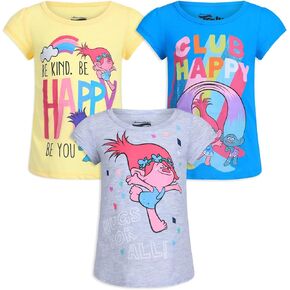 DreamWorks Trolls Poppy, Branch, Satin and Chenille Girls 3 Pack T-Shirt for Toddler – Blue/Yellow/Grey