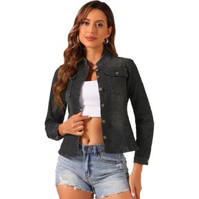 Allegra K Casual Denim Jacket for Women's Classic Stand Collar Long Sleeve Jean Jackets in Kuwait