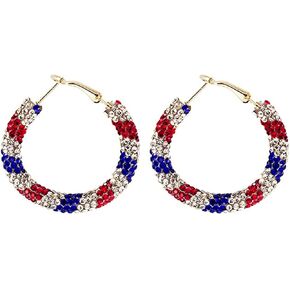Sparkly American Flag Hoop Earrings 4th of July Patriotic Red White Blue USA Flag Gold Big Crystal CZ Lightweight Chunky Chic Open Hoops Earrings for Women Independence Memorial Day Fashion Jewelry Gifts