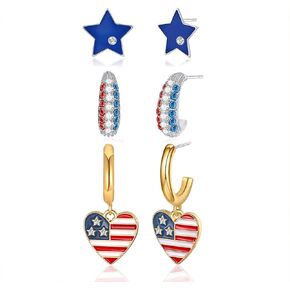 CLASSTZINT 3 Pairs Independence Day Hoop Earrings For Women Red Blue White Star And Heart Dangle Earrings Fourth Of July Earrings Gift
