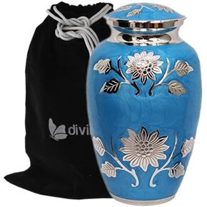 Embossed Sunflower Blue Cremation Urn - Solid Brass Florentine Blue Urn - Handcrafted Adult Funeral Urn for Human Ashes - Affordable Large Urn