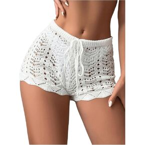 Cozyease Women's Hollow Out Drawstring Waist Bikini Cover Up Shorts Tie Front Crochet Cover Up Bottom