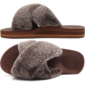 COFACE Womens Fuzzy Slides Fluffy Faux Fur Cross Slippers Open Toe Yoga Mat House Slippers Sandals With Arch Support For Indoor/Outdoor