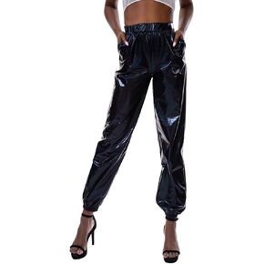 ODIZLI Womens Shiny Metallic High Waist Stretchy Jogger Pants Holographic Hip Hop Club Wear Streetwear