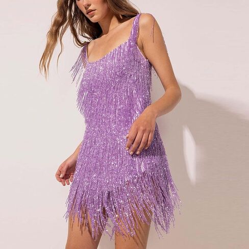 LIK EPOCH Women's Fashion Sexy Sleeveless Halter Neck Tassel Fringe Sparkly Party Dress Cocktail Evening Mini Bodycon Dress in Saudi Arabia
