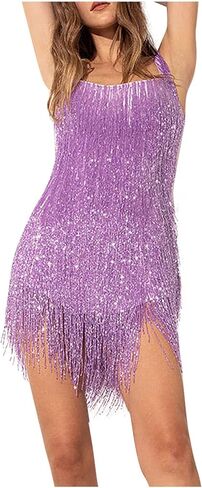 LIK EPOCH Women's Fashion Sexy Sleeveless Halter Neck Tassel Fringe Sparkly Party Dress Cocktail Evening Mini Bodycon Dress in Saudi Arabia