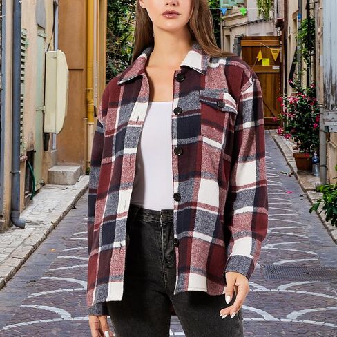 سترة نسائية من قماش الفلانيل منقوشة من TRENDSTITCH بأكمام طويلة قمصان غير رسمية بأزرار للأسفل مع جيوب ملابس خريف 2023 in Kuwait