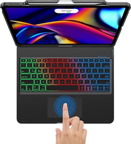 حافظة لوحة مفاتيح لجهاز iPad Air 13 بوصة (M2، 2024) وiPad Pro 12.9 (الجيل السادس/الخامس/الرابع/الثالث)، لوحة تتبع، قابلة للدوران 360 درجة، غطاء لوحة مفاتيح لاسلكي، إضاءة خلفية بألوان قوس قزح مع حامل أقلام، أسود in Kuwait