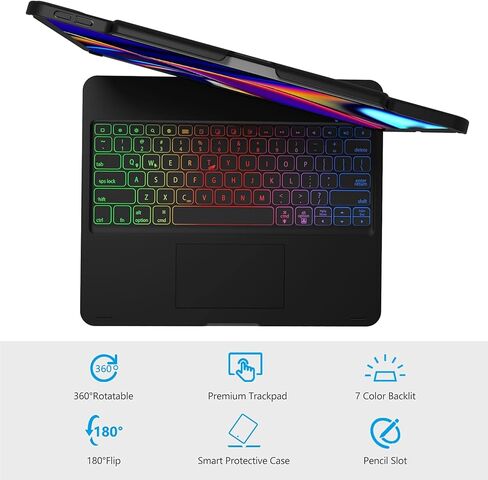 حافظة لوحة مفاتيح لجهاز iPad Air 13 بوصة (M2، 2024) وiPad Pro 12.9 (الجيل السادس/الخامس/الرابع/الثالث)، لوحة تتبع، قابلة للدوران 360 درجة، غطاء لوحة مفاتيح لاسلكي، إضاءة خلفية بألوان قوس قزح مع حامل أقلام، أسود in Kuwait