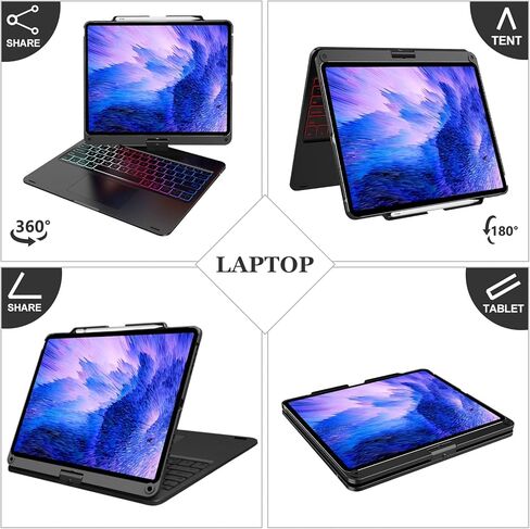 حافظة لوحة مفاتيح لجهاز iPad Air 13 بوصة (M2، 2024) وiPad Pro 12.9 (الجيل السادس/الخامس/الرابع/الثالث)، لوحة تتبع، قابلة للدوران 360 درجة، غطاء لوحة مفاتيح لاسلكي، إضاءة خلفية بألوان قوس قزح مع حامل أقلام، أسود in Kuwait