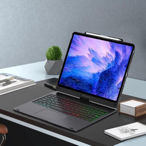 حافظة لوحة مفاتيح لجهاز iPad Air 13 بوصة (M2، 2024) وiPad Pro 12.9 (الجيل السادس/الخامس/الرابع/الثالث)، لوحة تتبع، قابلة للدوران 360 درجة، غطاء لوحة مفاتيح لاسلكي، إضاءة خلفية بألوان قوس قزح مع حامل أقلام، أسود in Kuwait