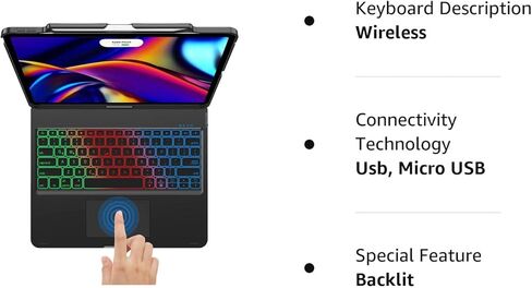 حافظة لوحة مفاتيح لجهاز iPad Air 13 بوصة (M2، 2024) وiPad Pro 12.9 (الجيل السادس/الخامس/الرابع/الثالث)، لوحة تتبع، قابلة للدوران 360 درجة، غطاء لوحة مفاتيح لاسلكي، إضاءة خلفية بألوان قوس قزح مع حامل أقلام، أسود in Kuwait