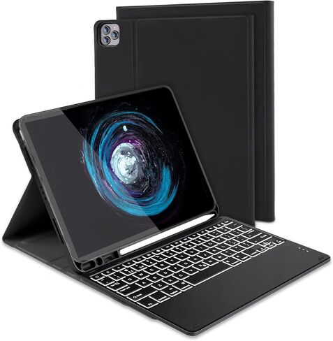 حافظة لوحة مفاتيح بإضاءة خلفية بلوتوث لجهاز iPad Pro 11 بوصة 2021 الجيل الثالث، iPad Air الجيل الرابع 10.9 بوصة، iPad Pro 11 بوصة 2018/2020، لوحة مفاتيح بلوتوث قابلة للفصل مع غطاء، أسود in Saudi Arabia