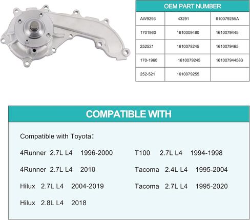 مضخة مياه AW9293 لتويوتا 4 رنر 1996-2000,2010,T100 1994-1998,تاكوما 1995-2020,هايلكس 2004-2019 2.4L 2.7L 2.8L 1701960 252521 43291 1610009460 16 10078245 1610079245 in Saudi Arabia