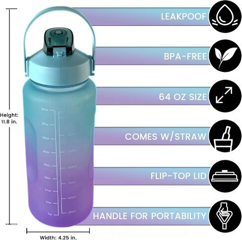 64 oz Motivational Water Bottle, Sports Water Bottle, Outdoors (Purple/Blue) in Saudi Arabia
