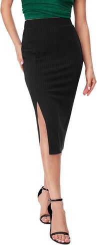 GORGLITTER المرأة شق مضلع متماسكة Bodycon تنورة متوسطة الطول الجانب سبليت عالية الخصر طول الركبة التنانير قلم رصاص in Saudi Arabia