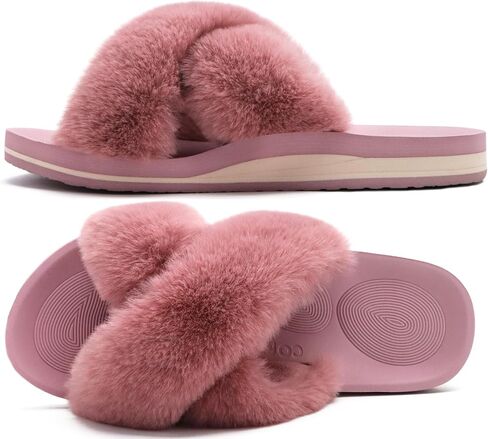 COFACE Womens Fuzzy Slides Fluff Faux Fur Cross Slippers Open Toe Yoga Mat House Slipper Sandals With Arch Support For Indoor/Outdoor in Kuwait