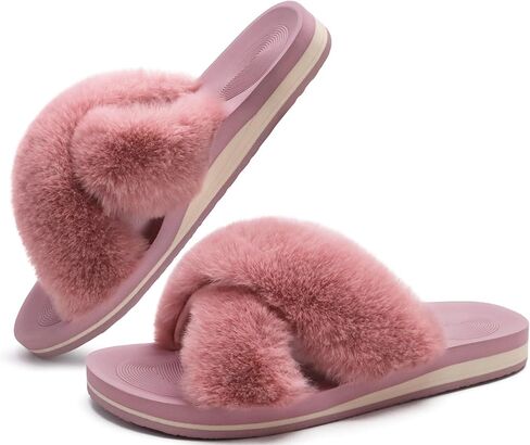 COFACE Womens Fuzzy Slides Fluff Faux Fur Cross Slippers Open Toe Yoga Mat House Slipper Sandals With Arch Support For Indoor/Outdoor in Kuwait