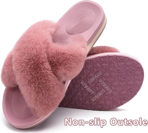 COFACE Womens Fuzzy Slides Fluff Faux Fur Cross Slippers Open Toe Yoga Mat House Slipper Sandals With Arch Support For Indoor/Outdoor in Kuwait