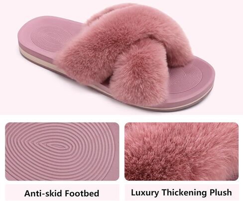COFACE Womens Fuzzy Slides Fluff Faux Fur Cross Slippers Open Toe Yoga Mat House Slipper Sandals With Arch Support For Indoor/Outdoor in Kuwait