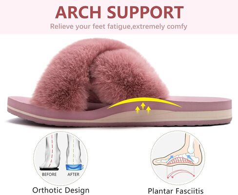 COFACE Womens Fuzzy Slides Fluff Faux Fur Cross Slippers Open Toe Yoga Mat House Slipper Sandals With Arch Support For Indoor/Outdoor in Kuwait