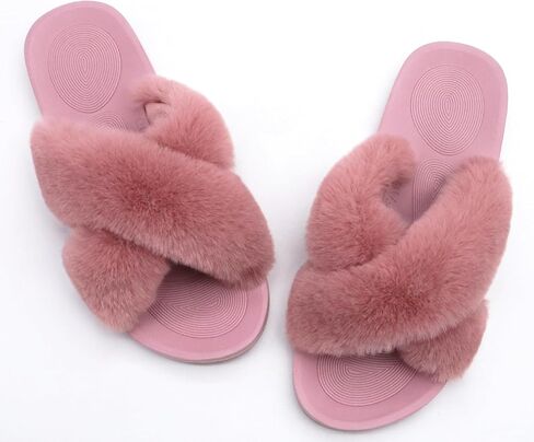 COFACE Womens Fuzzy Slides Fluff Faux Fur Cross Slippers Open Toe Yoga Mat House Slipper Sandals With Arch Support For Indoor/Outdoor in Kuwait