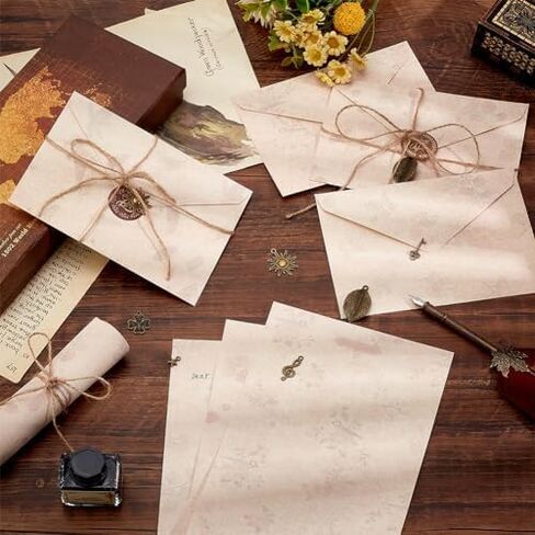 FINGERINSPIRE 121 Pcs Letter and Envelopes Set Antique Charms Writing Stationery Set Includes 48 Antique Letter Papers 24 Envelopes 24 Retro Tibetan Alloy Pendants 24 Plastic Stickers 1 Jute Cord in Saudi Arabia