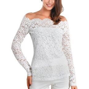 DJT Lace Tops for Women Sexy Off Shoulder Blouse Vintage Floral Long Sleeve Shirt Casual Party Clubwear