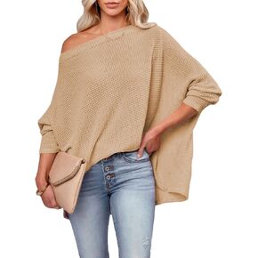 Dokotoo Women's Casual Boat Neck Off The Shoulder Long Sleeve Waffle Knit Loose Tunic Tops Blouses Shirts