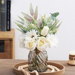 Fake Flowers Artificial Daisy Rose with Vase, Faux Silk Flowers Fake Plant for Home Office Decorations, Kitchen Dining Table Decor, Farmhouse Coffee Table Decor
