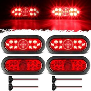 Partsam 4x Oval Led Trailer Lights 6" Stop Brake Turn Signal Rear Tail Lamp Red Lens 15LEDs w Reflector 12V IP67 Waterproof Sealed Flush Mount 3-pin Plug Water Tight Wires Rubber Grommet