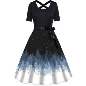 FEAPHY Women's Sun Moon Star Galaxy Dress Short Sleeve High Waisted Belted A-Line Midi Dress