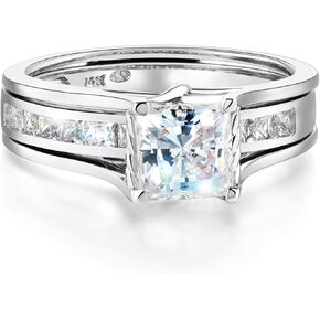 Wellingsale Ladies Solid 14k Yellow -OR- White Gold Polished CZ Cubic Zirconia Princess Cut Engagement Ring with Side Stones and Wedding Band Two Bridal Set