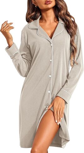 Ekouaer Women's Long Sleeve Button Down Nightgown V-Neck Ribbed Knit Sleepwear Boyfriend Nightshirt Pajama Dress in Kuwait