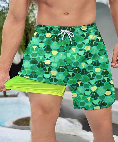 Tasneem Mens Swim Trunks with Compression Liner Swim Shorts 5 Inch Inseam Quick Dry Mens Bathing Suit in Kuwait