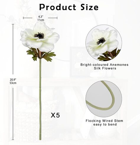 5Pcs Anemone Flowers Artificial Silk Flowers 20.9" White Faux Flowers Realistic Fake Flowers for Decoration Faux Poppy Flower Anemone Artificial Flowers Bulk for Vase Centerpieces Home Wedding Bouquet in Saudi Arabia