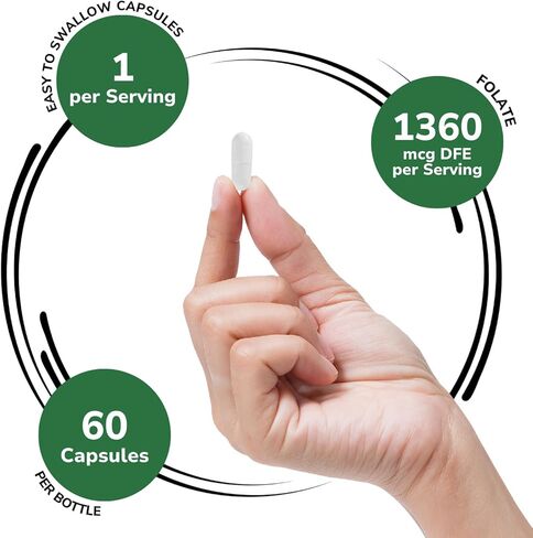 جينكس ميثيل فولات مع Quatrefolic® 1360 ميكروجرام DFE (60 كبسولة) شكل نشط حيويًا من حمض الفوليك - 5-ميثيل تتراهيدروفولات | نباتي، خالي من الغلوتين، غير معدّل وراثيًا (كمية تكفي لمدة 60 يومًا) in Kuwait